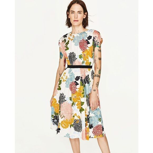 Zara Dresses & Skirts - Zara Floral Print  Multicolor Bohemian Elastic Waist  Back Zipper SZ XS #2413